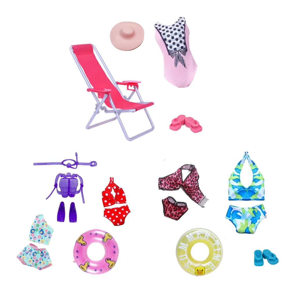 4 pezzi Set vestiti e accessori divertenti costumi da bagno estivi per 30cm/11.5 ''bambole Bikini muta da sub anello da bagno cappello da sole sedia da spiaggia