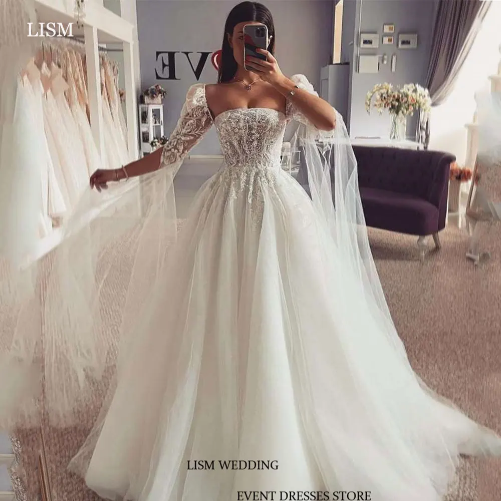 LISM 2024 Strapless Off the Shoulder vintage Lace Tulle Wedding Dresses A-LINE Long Floor-Length Corset/Zip Back Bridal Gowns