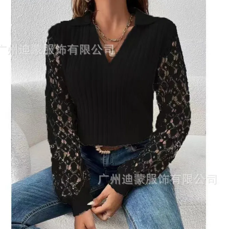 Spring And Summer Casual Solid Color Lace Hollow Out Long Sleeved Vertical Stripe Print V-neck Pullover Shirt New Top For Women