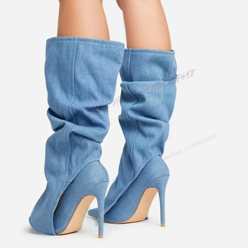 Blue Denim Pleated Knee High Boots Pointed Toe Shoes for Women Thin High Heels Autumn Sexy Lady Shoes 2023 Zapatos Para Mujere