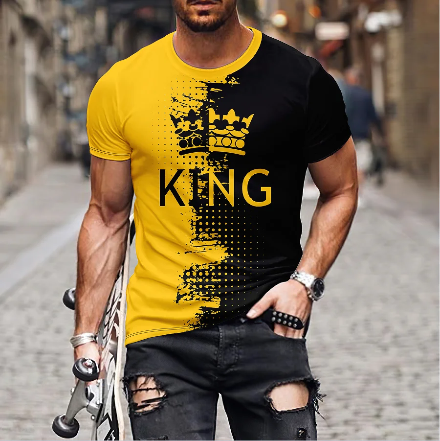 Camiseta casual de manga curta masculina, gola redonda, estampada padrão King, Street Wear