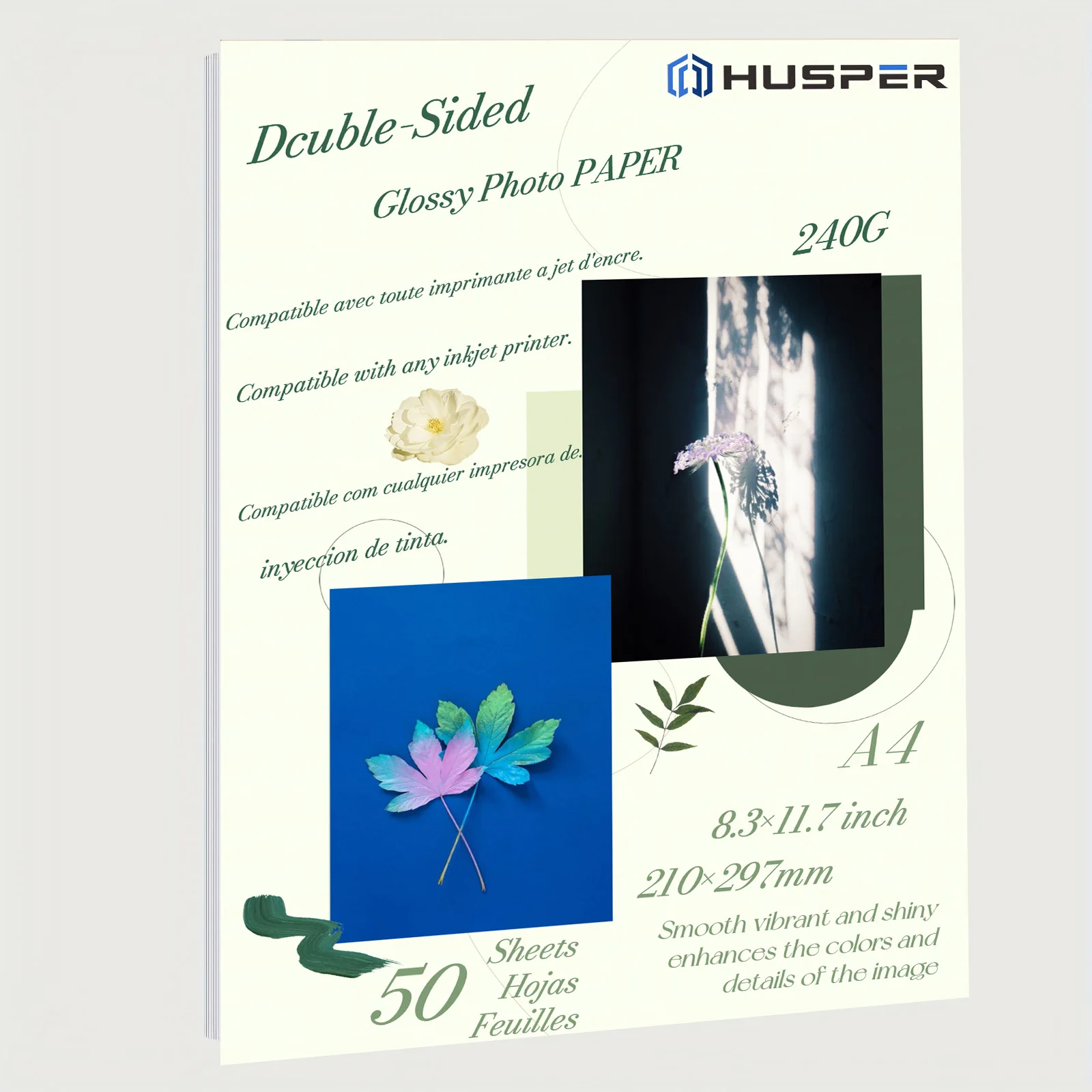

HUSPER A4(8.3×11.7 inch) 50 Sheets 240G Double Sided Inkjet Glossy Photo Paper size