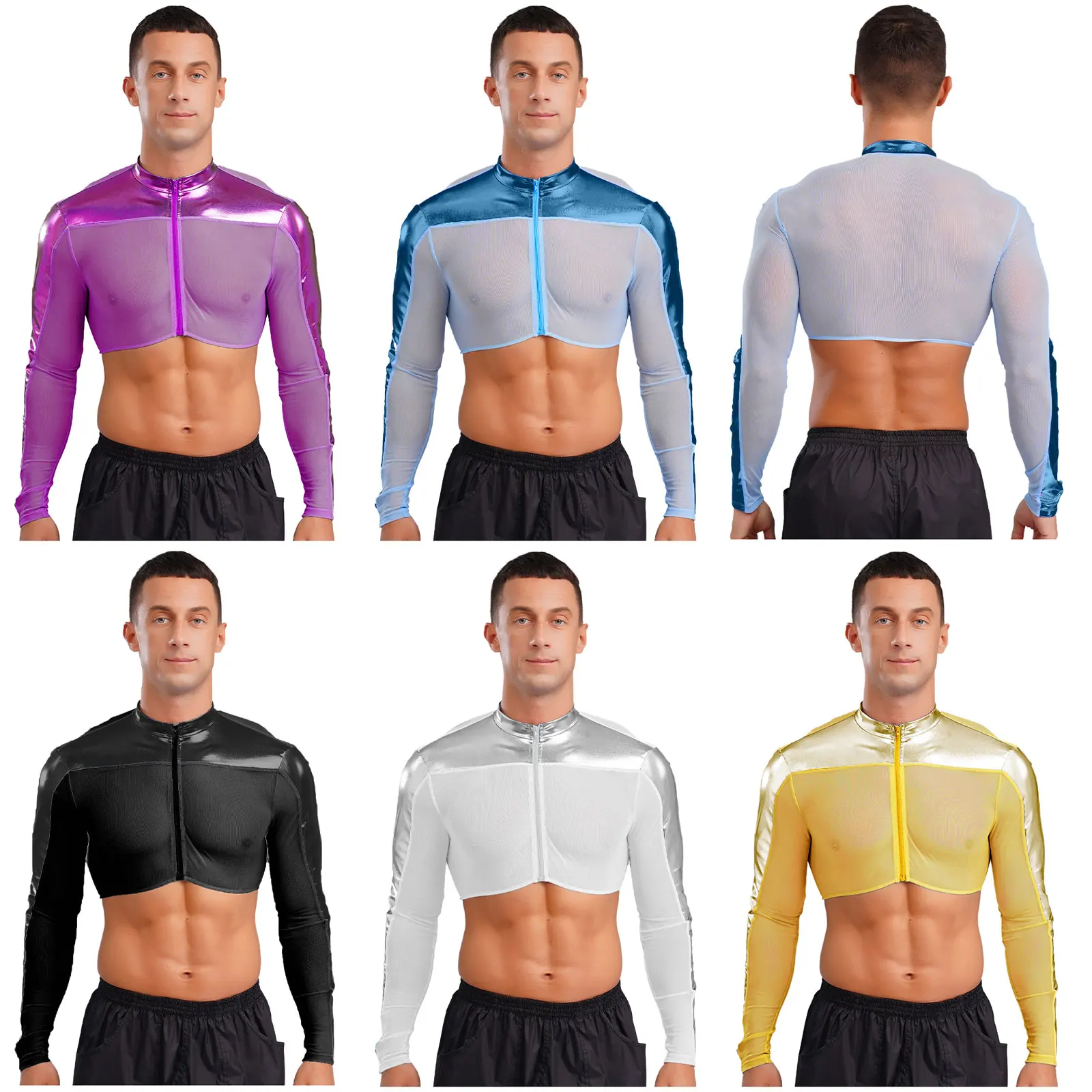

Men Crew Neck Long Sleeves Front Zipper Half Tops Breathable See Through Mesh Tops Shiny Metallic Glitter Top Club Wear