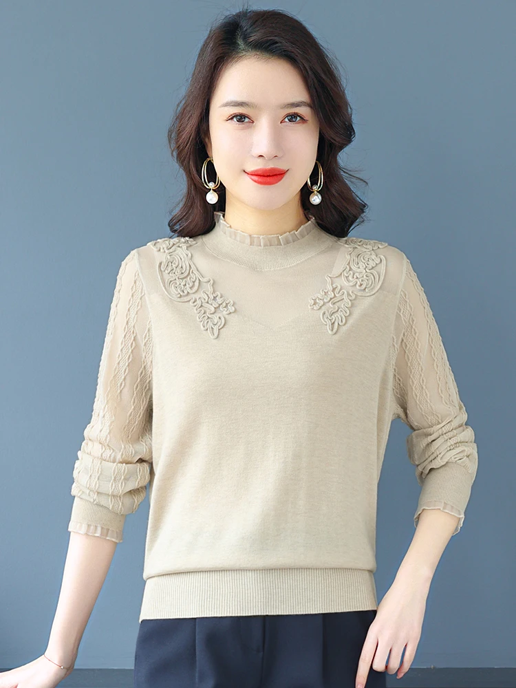 

Solid Hollow Sweater Woman Spring Fashion Pullover Femme Knitwears Women Clothing Mesh Long Sleeve Sweaters