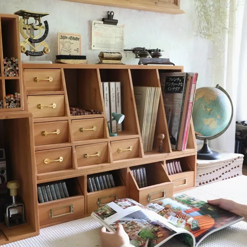 

Retro Trapezoidal Desk Organizer, Wooden Drawer, Storage Rack, Stationery Bookshelf, Multi-Function Divisions, Sleek Office