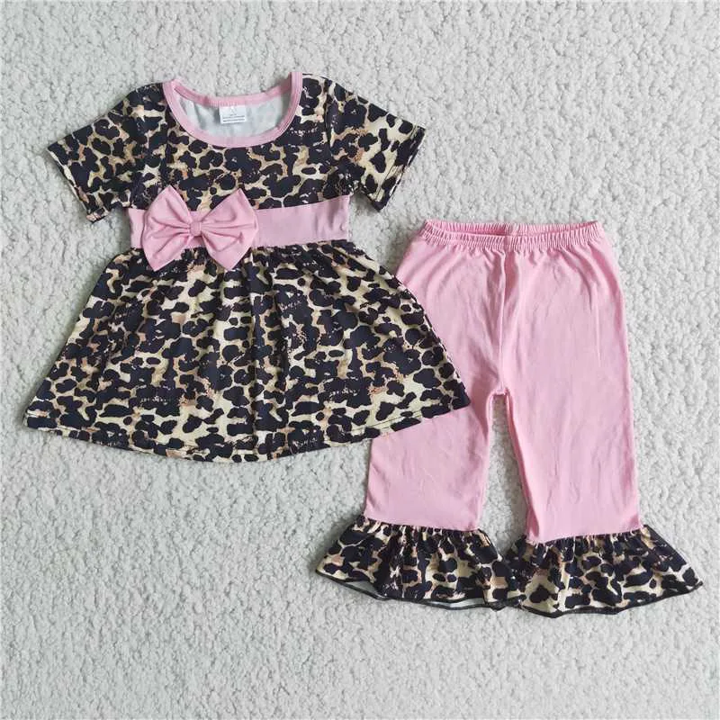 

New summer fashion baby girls children pink bow tie leopard print top lovely wholesale boutique Outfits