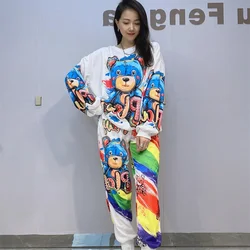 Colorful Diamonds Two Piece Sets Womens Outifits Cartoon Bear Pattern Loose Clothes Casual Pant Suits Roupas Femininas Conjuntos