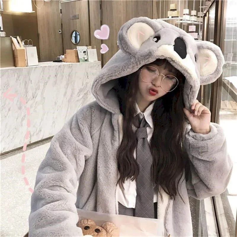 Chaqueta de felpa con capucha para mujer, chaqueta peluda gruesa con orejas de Koala, estilo japonés, invierno, 2021