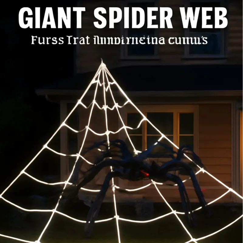 

Outdoor Halloween Spider Web Set, Triangle White Web + Realistic Plush Spider, Spooky Yard Decoration