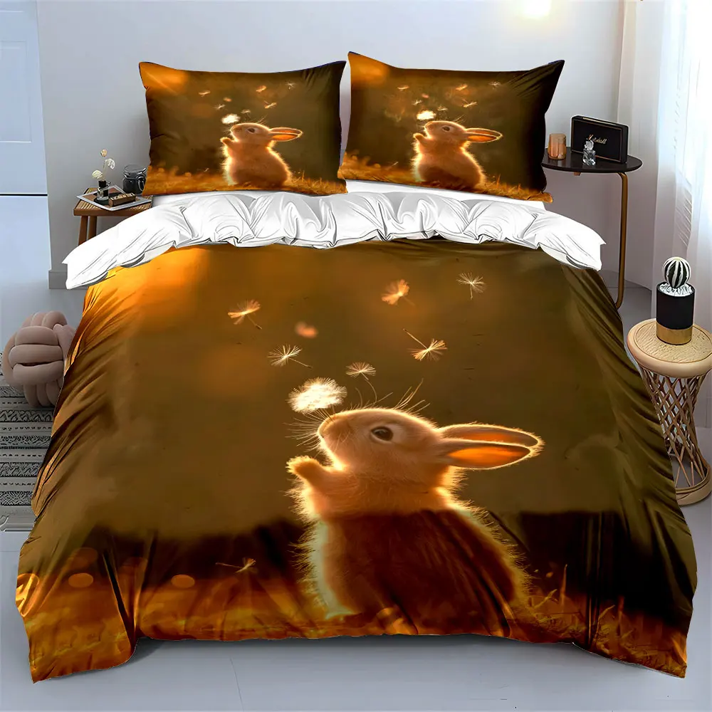Cute Rabbit Decor Set Bedding Set with 1 Duvet Cover 2 Pillowcases Single Double King Queen, Gift