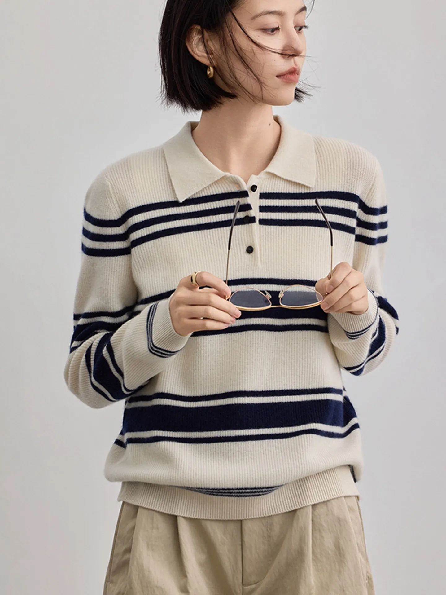 

Свитер из 100% кашемира, женский свитер-поло с воротником-поло, пуловер с подкладкой из чистого кашемира, простой полосатый свитер