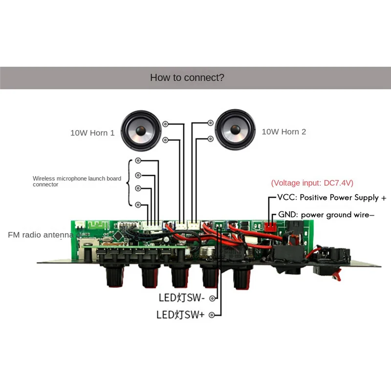 B02B-7.4V placa amplificadora dança quadrada 2x10w amplificador de alto-falante suporte bluetooth aux u-disco 5-8 Polegada alto-falante diy home theater