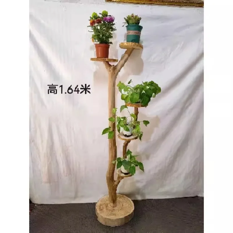 Solid wood flower stand Log living room Floor to ceiling Balcony Shelf Succulent green dill flower stand Multi-layer flower pot