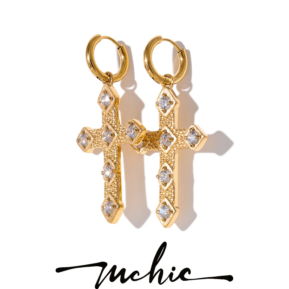 Pendientes cruzados de acero inoxidable Mchic con incrustaciones de circonita, diseño exquisito, regalo de joyería para mujer, hipoalergénico