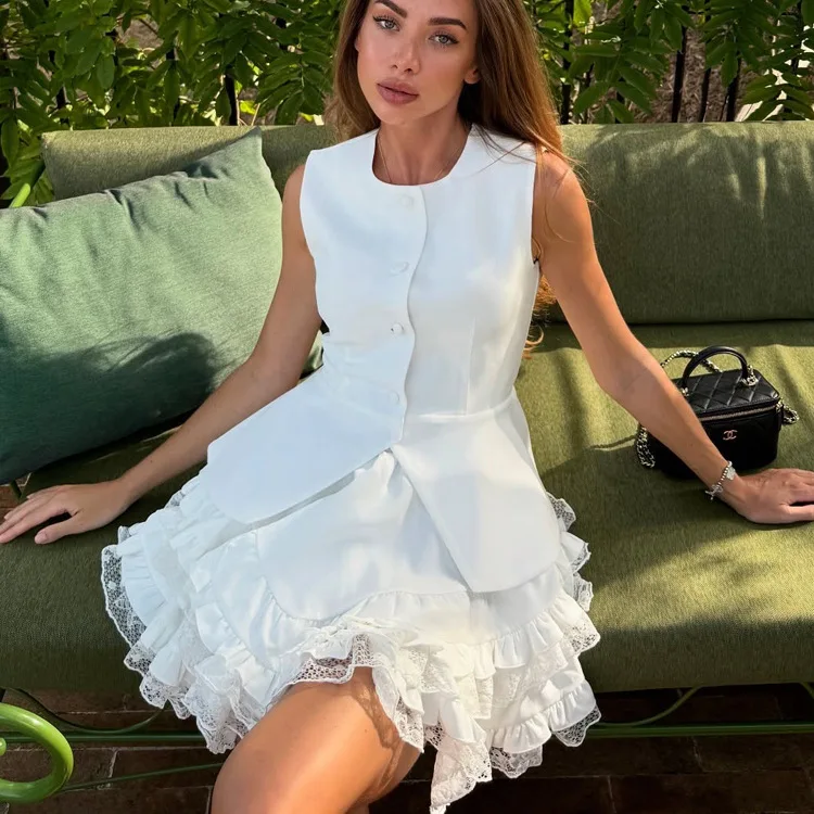 

Summer Party & Vacation Outfit Women White 2-Piece Set Sleeveless Button Peplum Vest Tiered Ruffle Lace Trim Mini Skirt Stylish