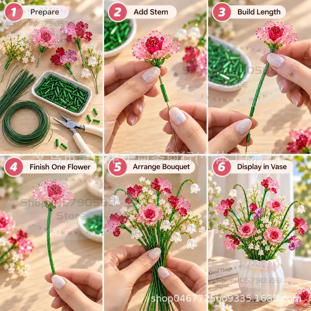 Kit para crear un ramo de flores silvestres con cuentas, un set de manualidades con flores de estilo cristal y cuentas, alambre flexible y maceta tipo bonsái para decorar el hogar.
