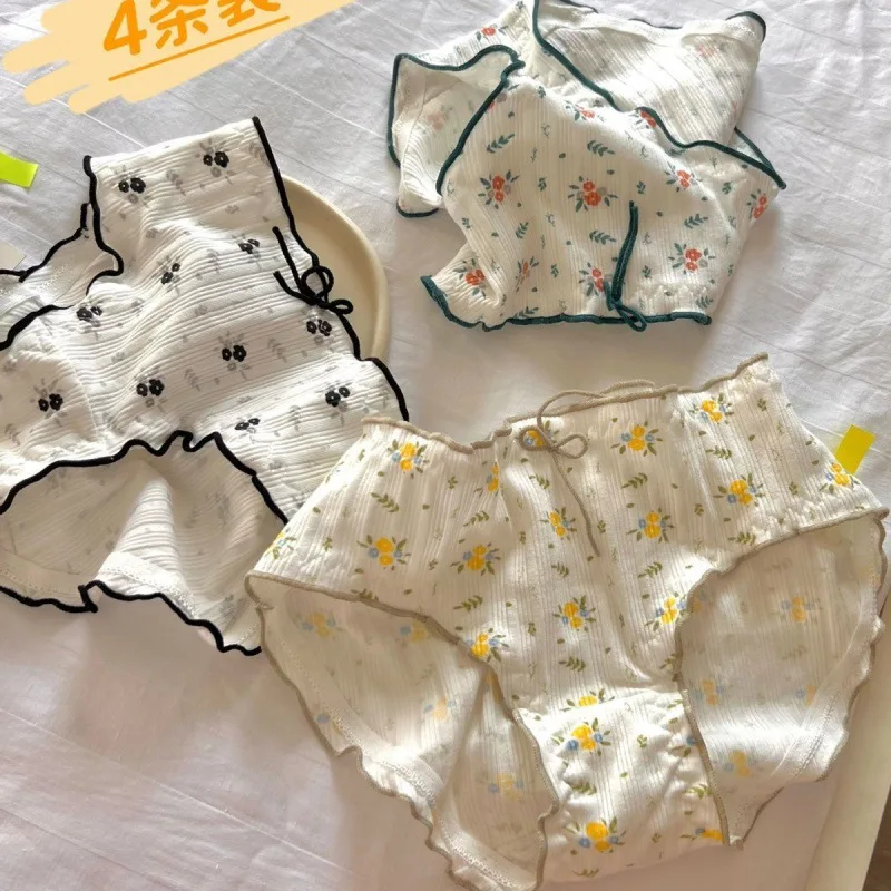 3Pcs/set Girls\' Cute Flower Briefs Cotton Panties Women\'s Underwear Mid Waist Shorts Fashion Korean Breathable Female Lingerie