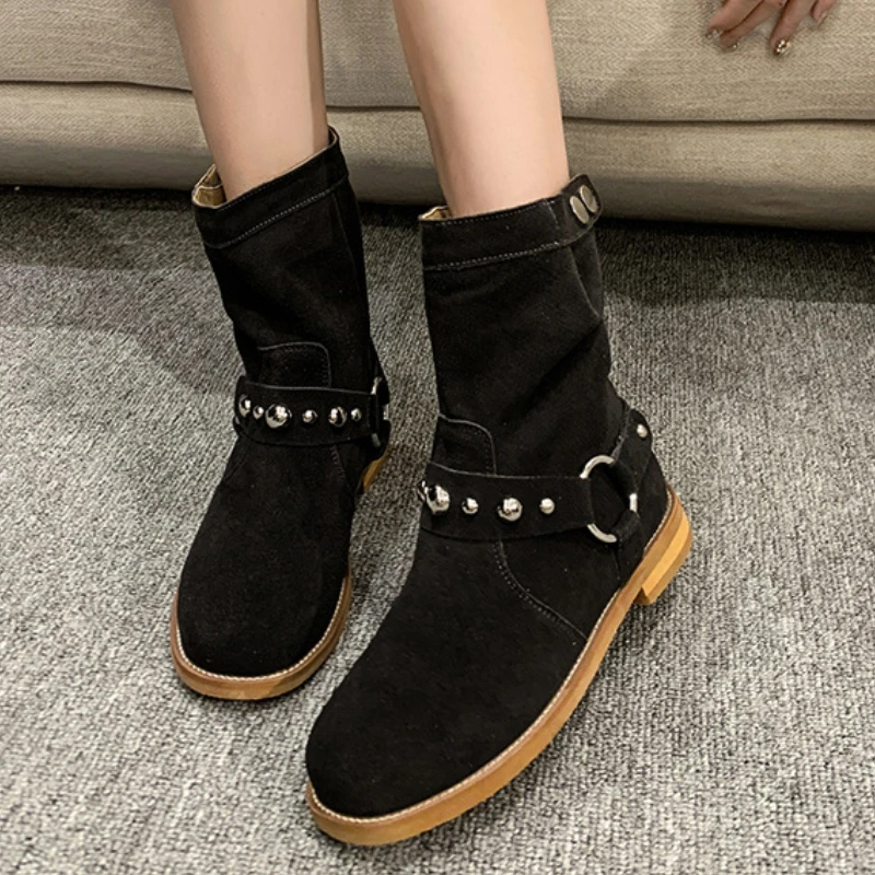 Fashion Rivet Women's Ankle Boots Spring Autumn Low Heels Short Boots Women Shoes Lady Comfortable Non Slip Booties Mujer Black