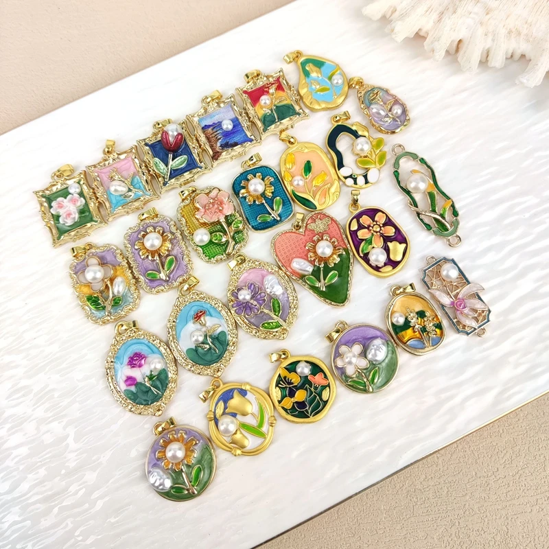 Vintage Monet Garden Oil Enamel Flower Pearl Pendant for Women DIY Necklace Earrings Charm Jewelry Making