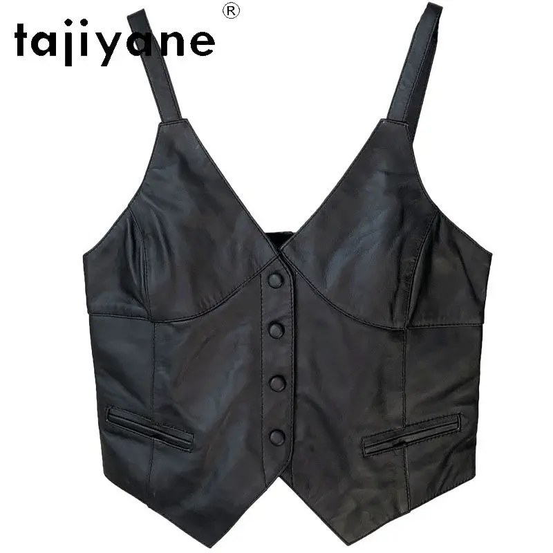 TAJIYANE Real Leather Jacket Women Sleeveless V-neck Vest Short Tanks Top Sheepskin Jackets for Woman Leather Coat Косуха Chic