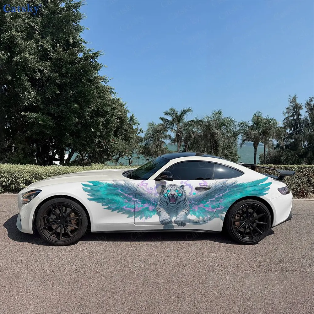 

2pcs Neon Blue Winged White Tiger Car Side Wraps, Self-Adhesive PVC Waterproof & Scratch-Resistant Stickers, Car Accessory Gift