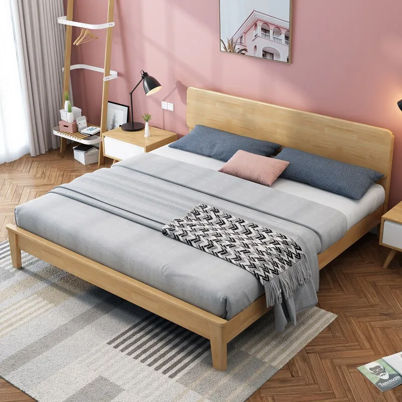 Log household bedroom rubber solid wood rental room e****mical master bedroom simple double solid wood bed