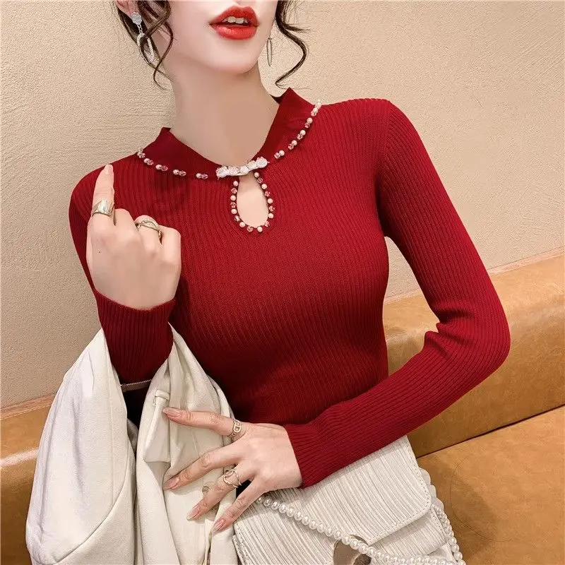

Women's Clothing Fashion Button Hollow Out Knitted Pullovers Spring Elegant Slim Stand-up Collar Chinese Style Tops