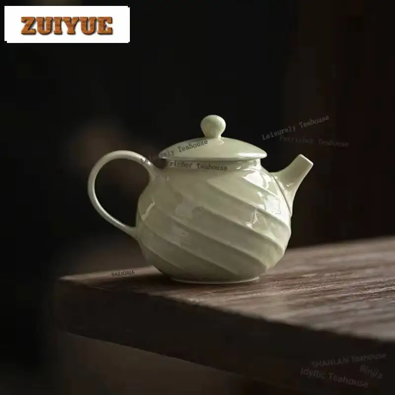 170ml Retro Reed Green Glaze Teapot Boutique Spiral Thread Mini Pot With Filter Pot Tea Maker Kettle Tea Ceremony Crafts Gifts