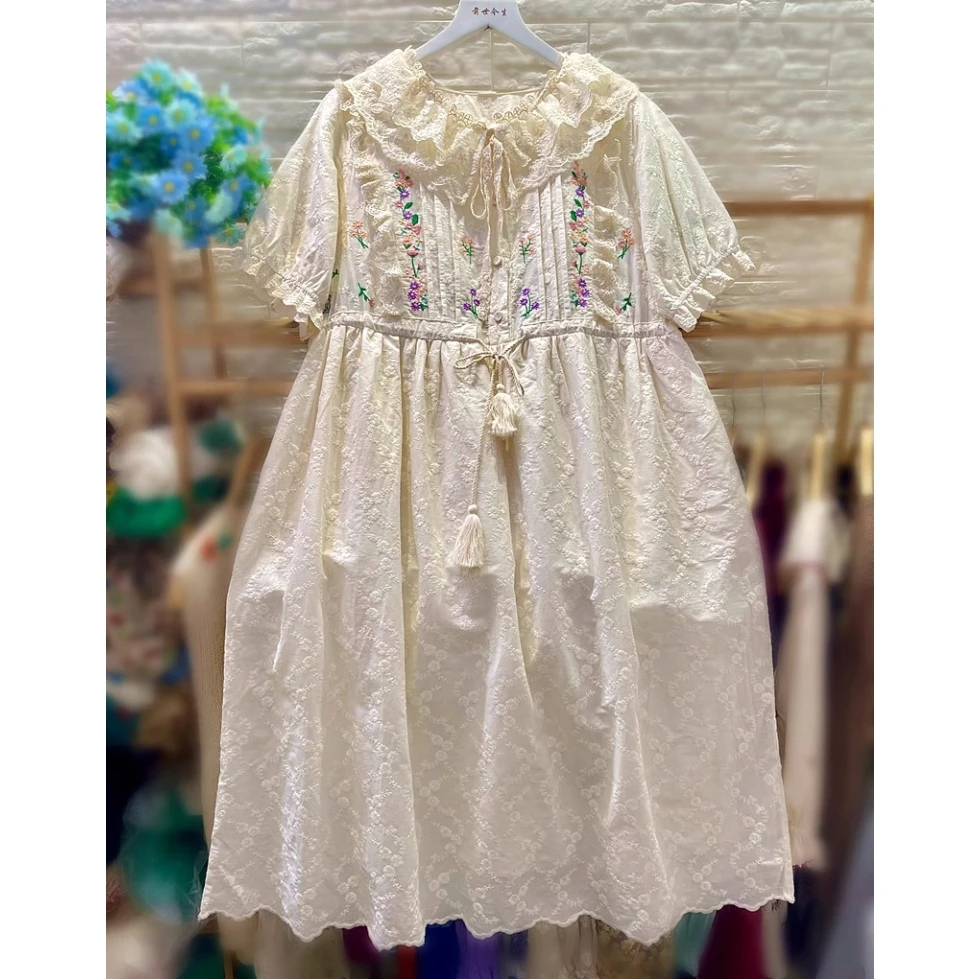 

Summer Women Retro Chic Cotton Ruffled Lace Evening White Dress 2024 Lolita Rococo Victorian Cottage Core Long Tunic Midi Dress