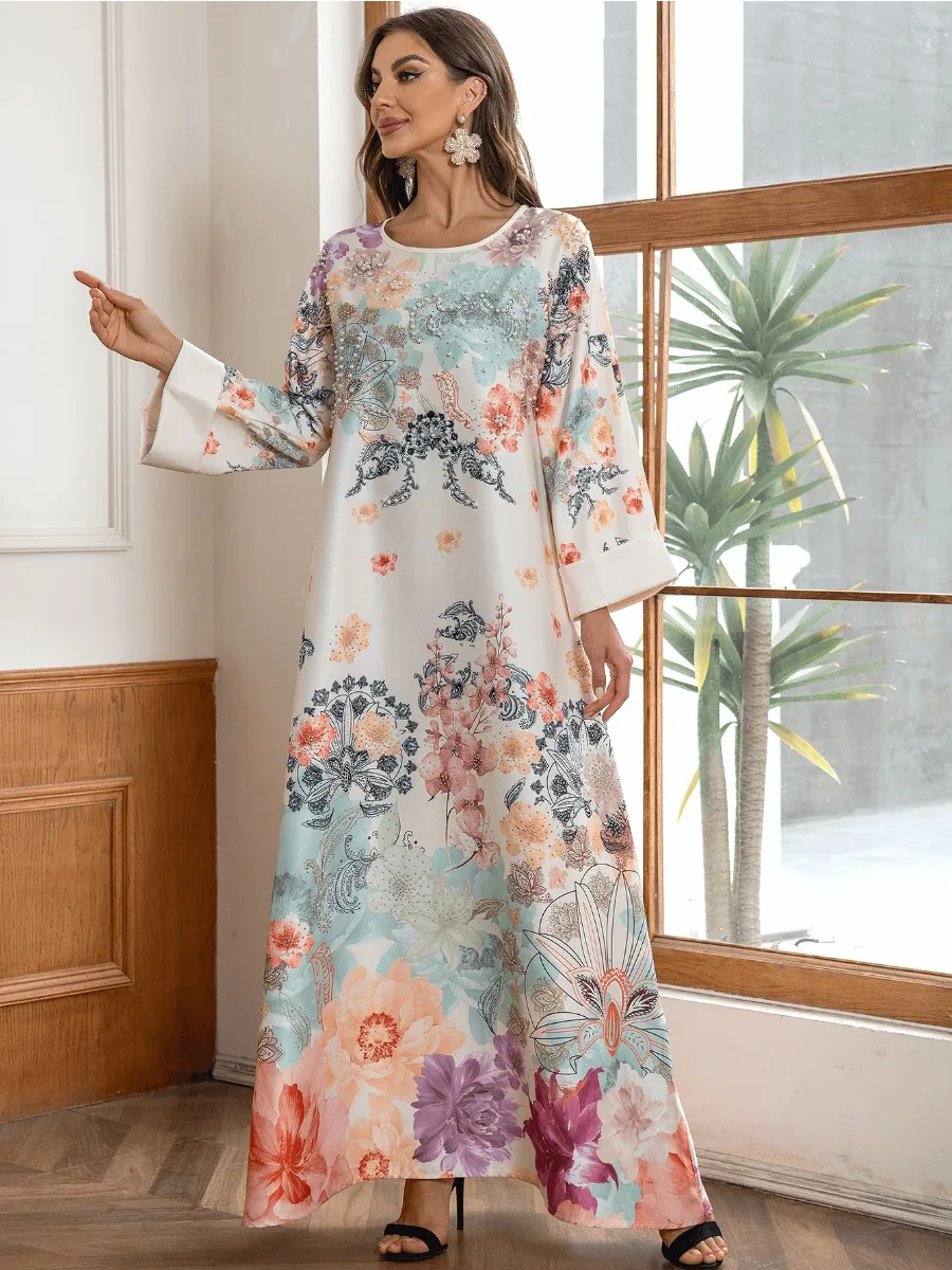 Eid Muslim Party Dress for Women Floral Print Beading Long Dresses Ramadan Abaya Kaftan Vestidos Largos Dubai Robe Jalabiya 2024