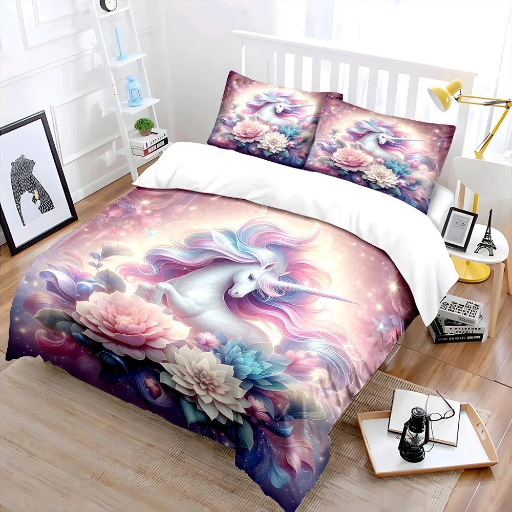 Magical Unicorn and Stunning Flowers Print Bedding Set 1 Duvet Cover 2 Pillowcases for Adult and Children Luxury Gift Full Size