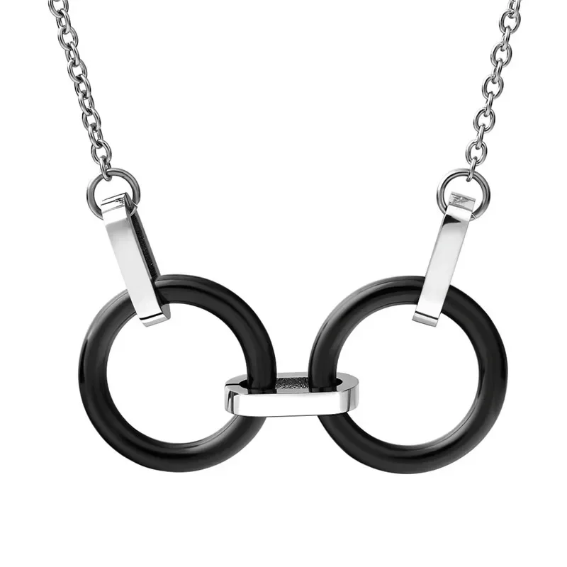 Hot sale double ring round ceramic pendant necklace neutral Crystal from Austrian Titanium steel chain color retention