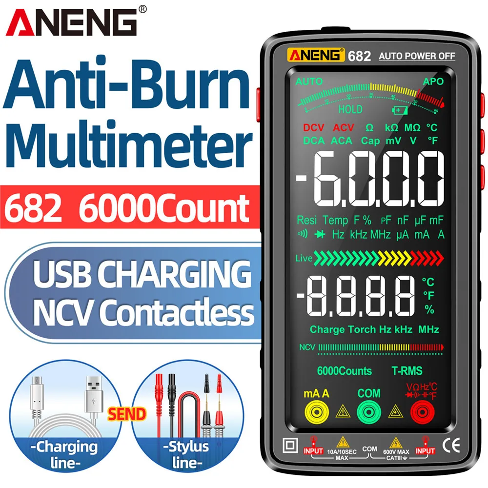 ANENG 682 Smart Anti-Burn Multimeter AC/DC Ammeter Voltage Tester Big Color Screen Rechargeable Ohm Diode Tester Tools for Elect