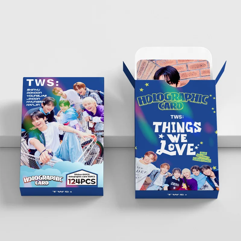 124 قطعة مجموعة بطاقات فلاش ليزر Kpop Boy Group TWS مجموعة بطاقات صور LOMO على الوجهين على شكل نجمة كورية مع ملصقات