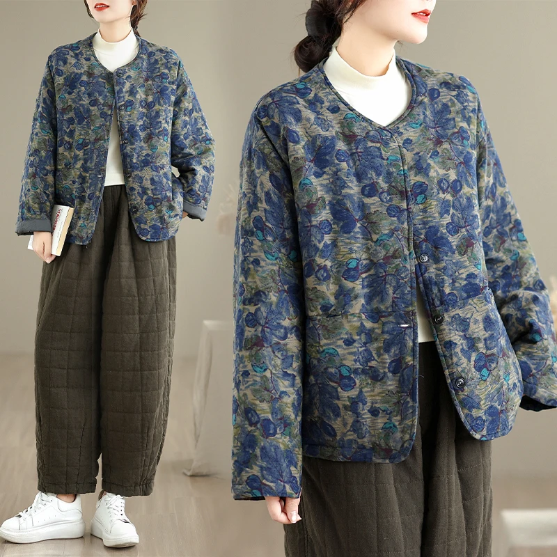 

Lightweight Cotton Linen ort Jaet Vintage Floral Print Women's Outerwear Straight Cut Long Sve round Ne Button up Coat