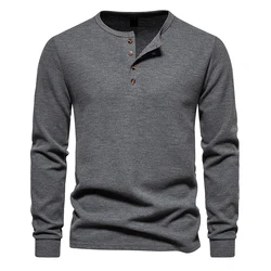 Mens Dark Grey Waffle Henley Shirt Solid Casual Long Sleeve Breathable Basic Tees 2023 Autumn New High Quality Regular Fit Tops