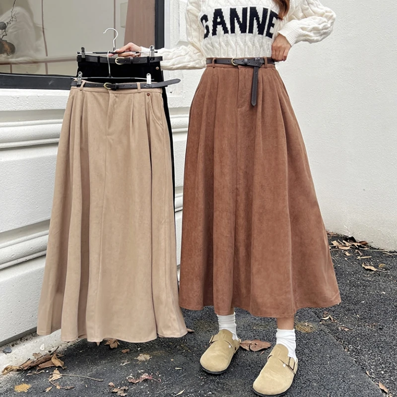 

Qiukichonson Mid Long Skirts Womens Corduroy Skirt 2025 Autumn Winter Korean Vintage High Waist Ruffle Pleated Skirts Maxi rok