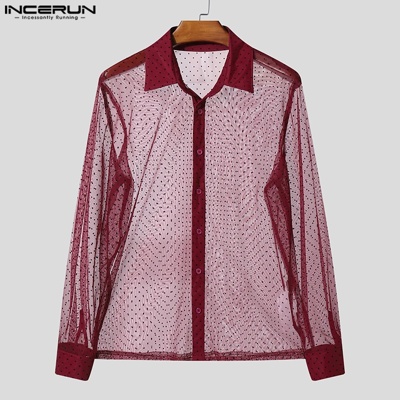 

INCERUN Men Shirt Polka Dot Printing Lapel Long Sleeve Button Men Clothing Mesh See Through Loose Fashion Male Shirts Streetwear
