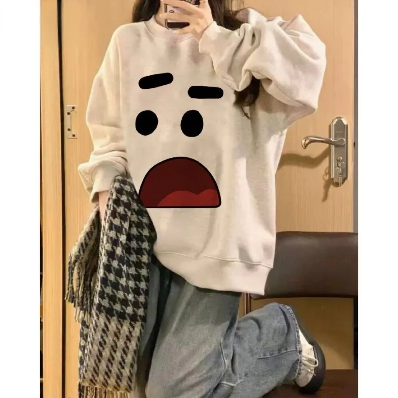 Hikigawa 2023 Vintage Funny Print Tops Women Loose Casual Harajuku Long Sleeve O Neck Hoodies Preppy All Match Sweatshirts