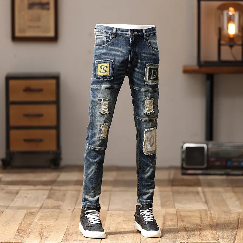 Embroidered Jeans Men\'s Stitching Patchwork Trendy Retro Slim Fit Light Straight-Leg Personality Street Motorcycle Trousers