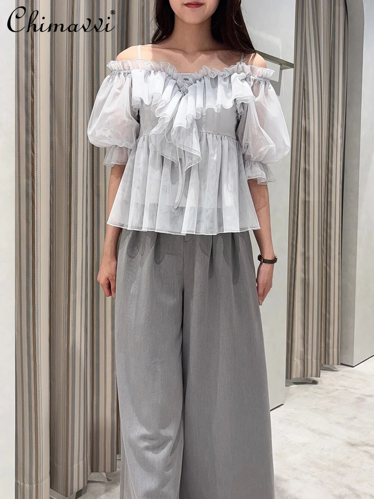 일본 스타일 체스트 3D 러플 엣지 오프숄더 랜턴 슬리브 블라우스 2025 신상 페어리 스위트 메쉬 슬림 핏 우아한 여성 블라우스