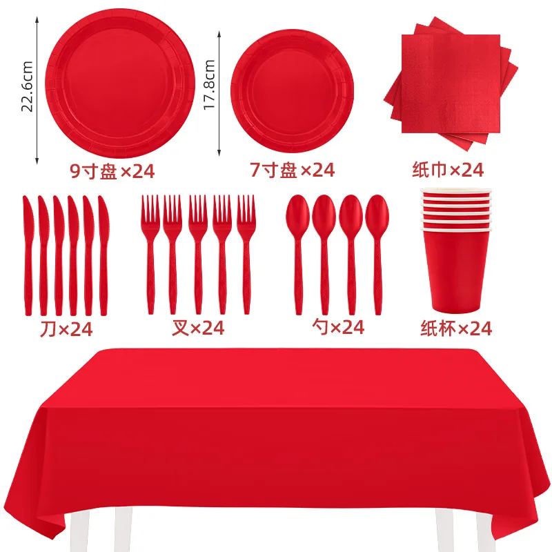 الصلبة الأحمر موضوع أدوات المائدة القابل للتصرف أطباق الورق الأحمر صينية طعام أكواب منديل ملاعق مفارش المائدة حفل زفاف عيد ميلاد الديكور