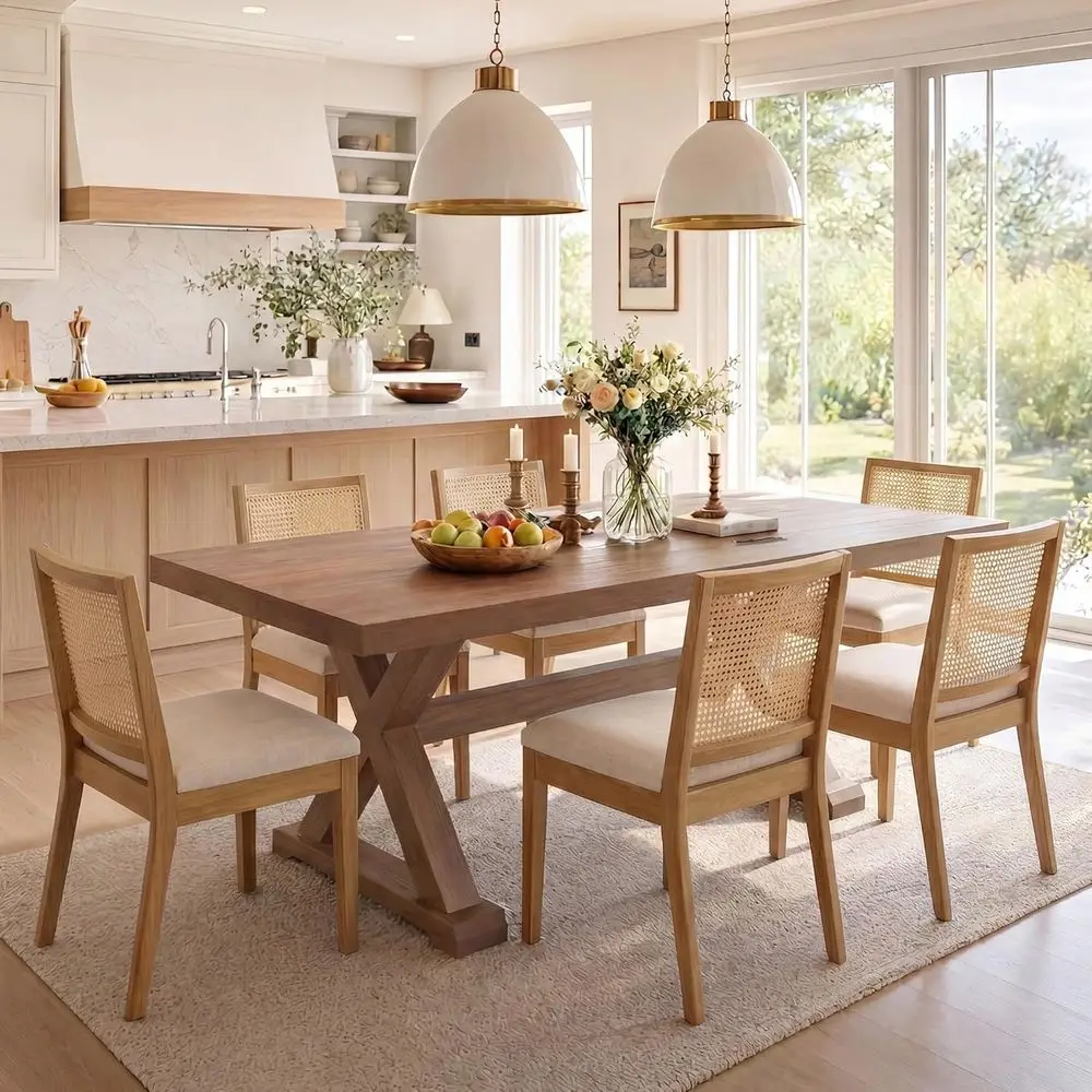 

Rattan Dining Chairs Set of 6, Modern Kitchen & Dining Chairs, Cane Upholstered Side Chairs with Natural Hardwood, Beige