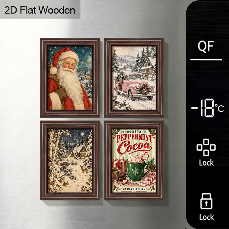4Pcs Wooden Fridge Magnets Set Vintage Christmas Decor Santa Claus Pink Truck Snowy Cabin Peppermint Cocoa Winter Theme