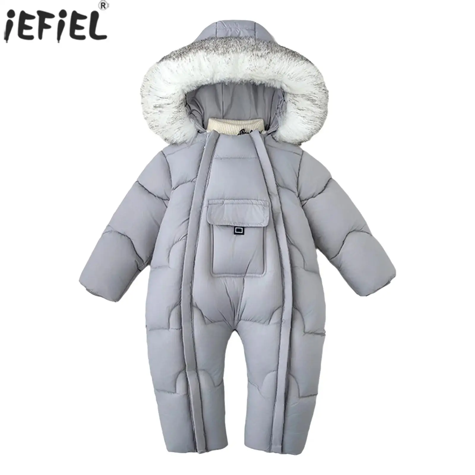 

Baby Infant Winter Snowsuit Warm Hooded Puffy Coat Jumpsuit Long Sleeve Fleece-Lined Faux Fur Trim Hooded Romper with Pocket