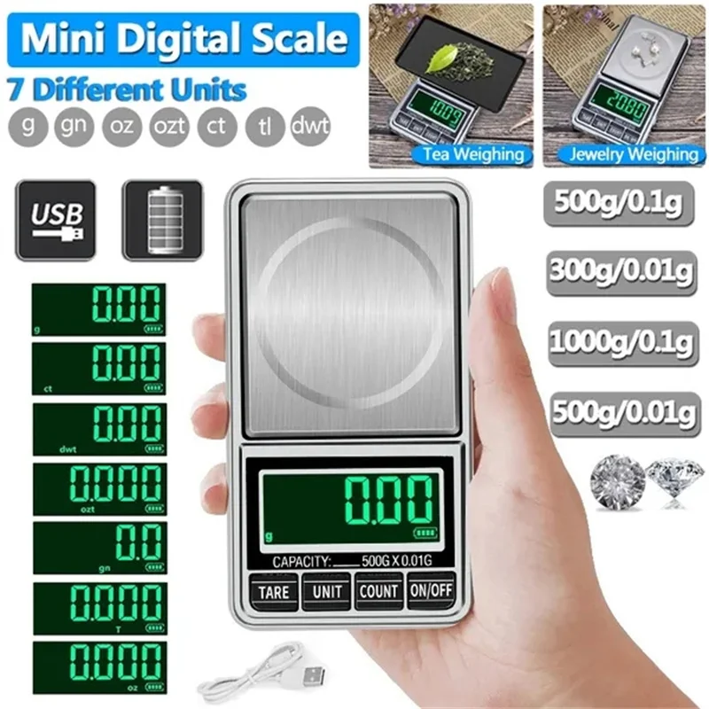 High Precision LED Portable Mini Pocket Jewelry Scale USB Rechargeable Digital Electronic Scale Weight Balance Gram Scales