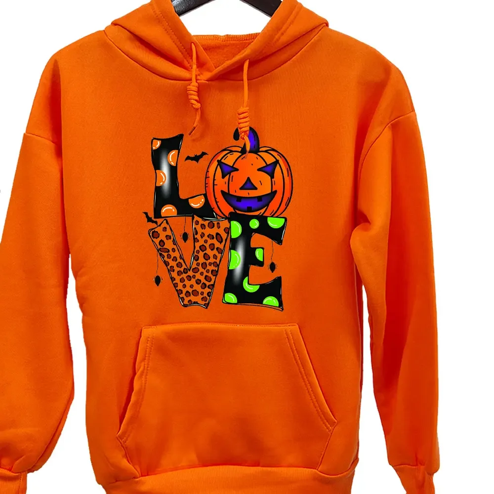 Funny Love Pumpkin Spider Web Halloween Unisex Sweatshirt Halloween Monster Bat Graphic Printed Hoodie Halloween Orange Hoodies