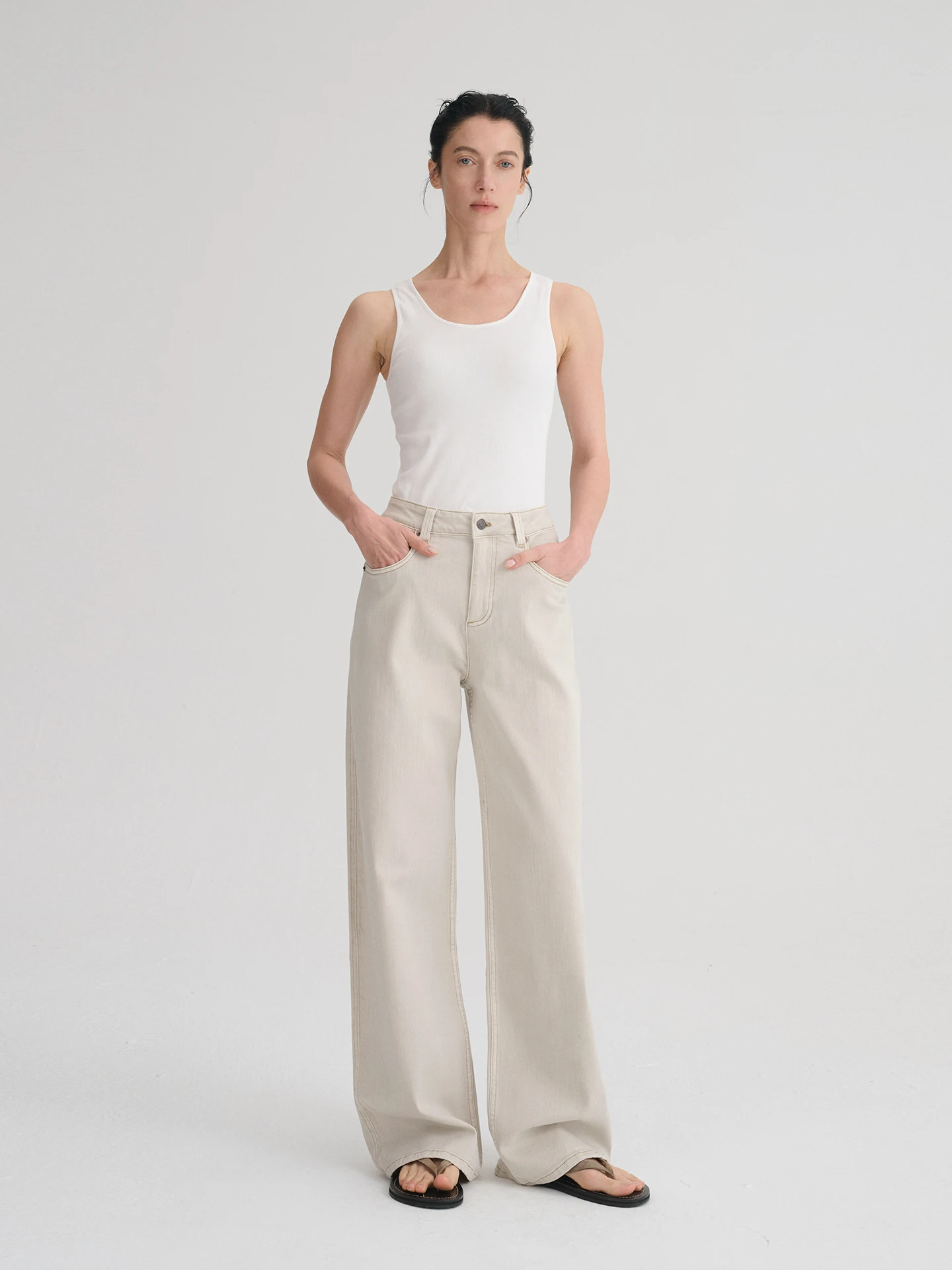 

Comfortable Straight Leg Jeans Women's Premium Cotton Rigid Dye Grey White Lenzing Cotton Slimming Versatile Natural Waist