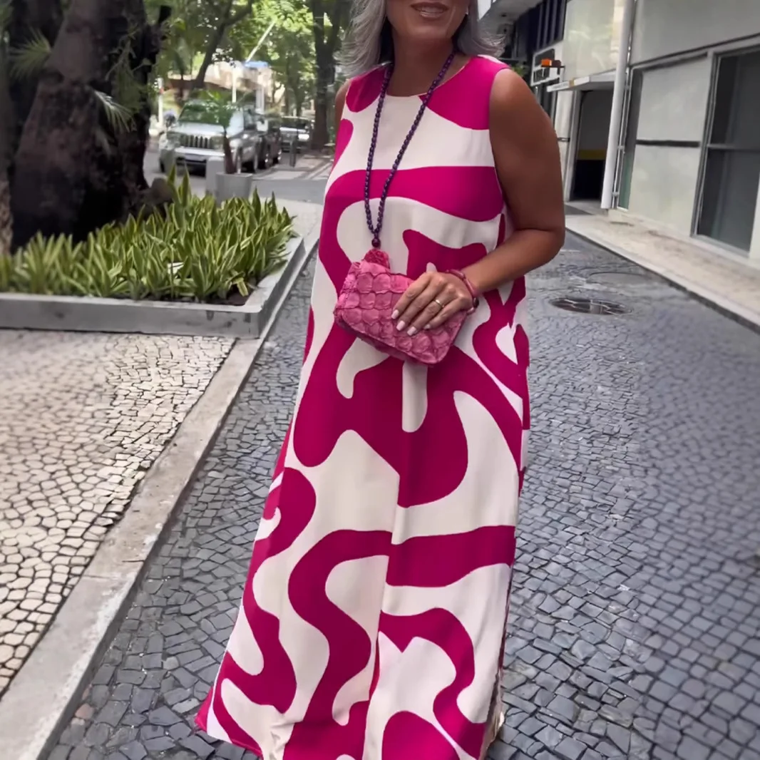 

Loose Casual Print Dress Fashion Round Neck Sleeveless A-line Side Split Long Dresses Temperament Commuting Women's Clothing