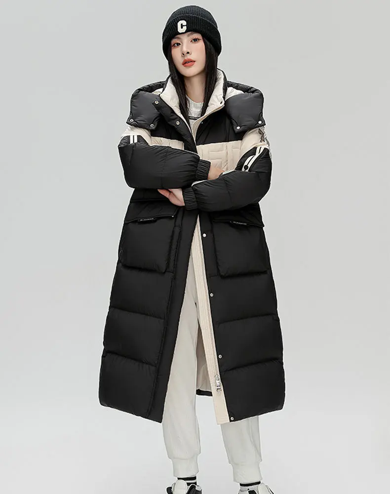 Winter Long Patchwork Hooded Down Jacket Female Big Pocket Warm Parker Outwears Women White Duck Down Knee Length Down Jackets
